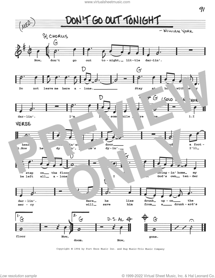 Don't Go Out Tonight sheet music for voice and other instruments (real book with lyrics) by William York, intermediate skill level