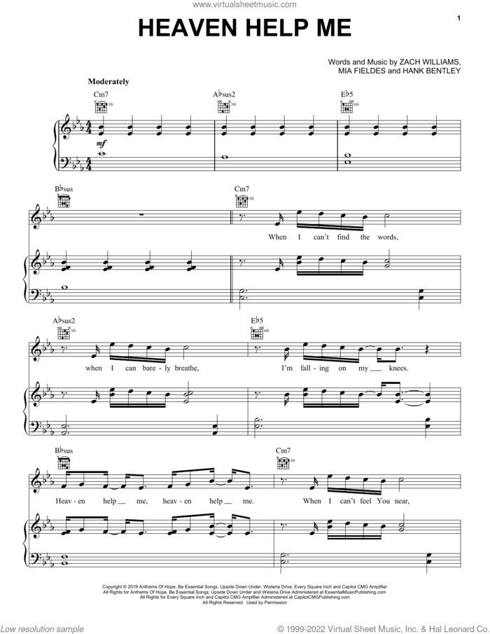 Heaven Help Me sheet music for voice, piano or guitar by Zach Williams, Hank Bentley and Mia Fieldes, intermediate skill level