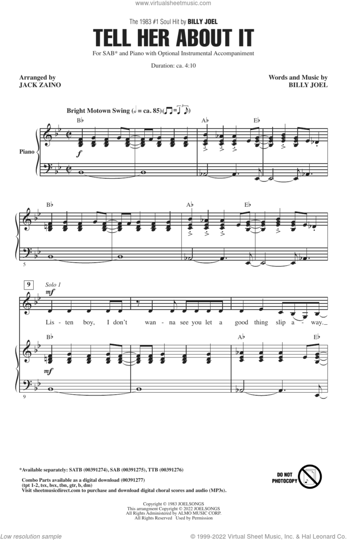 Tell Her About It (arr. Jack Zaino) sheet music for choir (SAB: soprano, alto, bass) by Billy Joel and Jack Zaino, intermediate skill level
