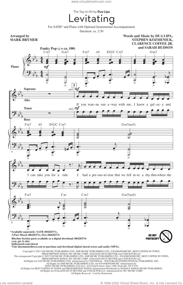 Levitating (arr. Mark Brymer) sheet music for choir (SATB: soprano, alto, tenor, bass) by Dua Lipa, Mark Brymer, Clarence Coffee Jr., Sarah Hudson and Stephen Kozmeniuk, intermediate skill level