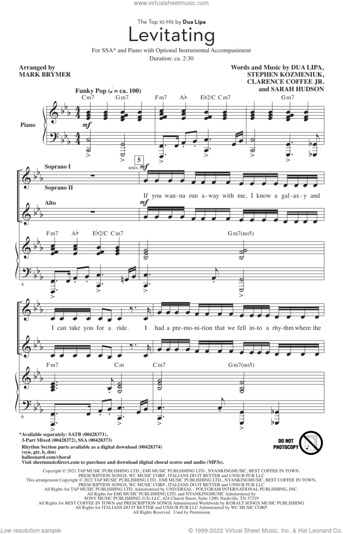 Levitating (arr. Mark Brymer) sheet music for choir (SSA: soprano, alto) by Dua Lipa, Mark Brymer, Clarence Coffee Jr., Sarah Hudson and Stephen Kozmeniuk, intermediate skill level