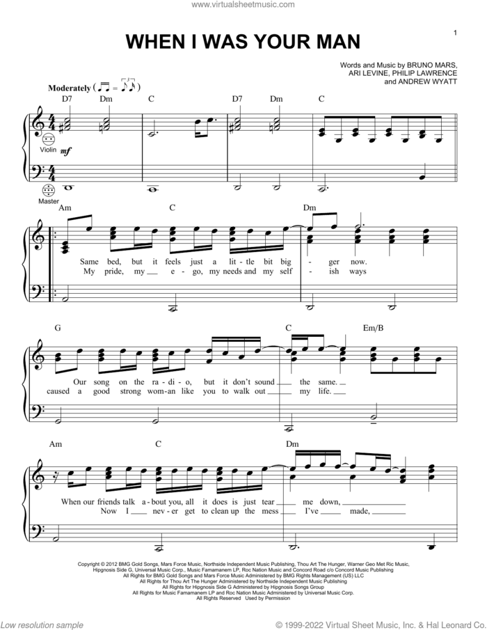 When I Was Your Man sheet music for accordion by Bruno Mars, Andrew Wyatt, Ari Levine and Philip Lawrence, intermediate skill level