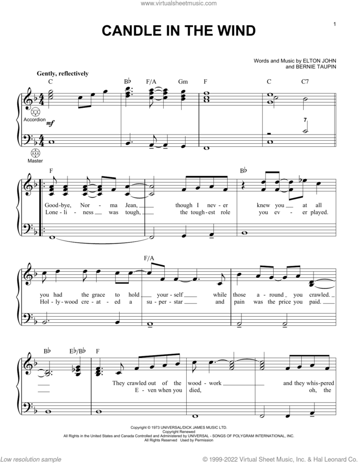 Candle In The Wind sheet music for accordion by Elton John and Bernie Taupin, intermediate skill level