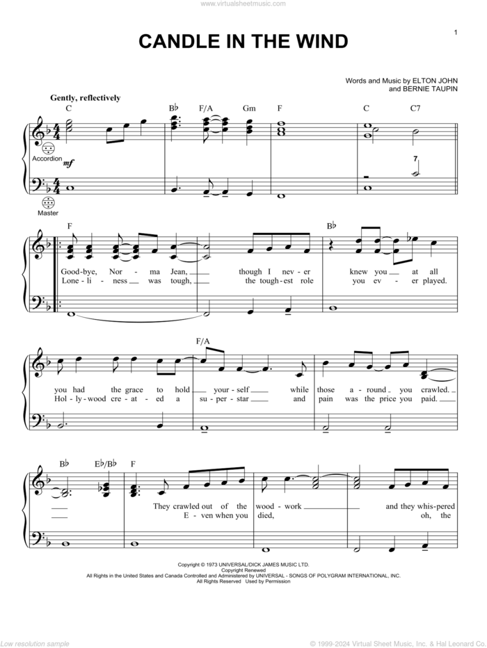 Candle In The Wind sheet music for accordion by Elton John and Bernie Taupin, intermediate skill level