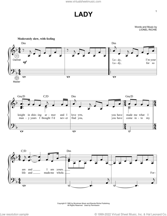 Lady sheet music for accordion by Lionel Richie and Kenny Rogers, intermediate skill level