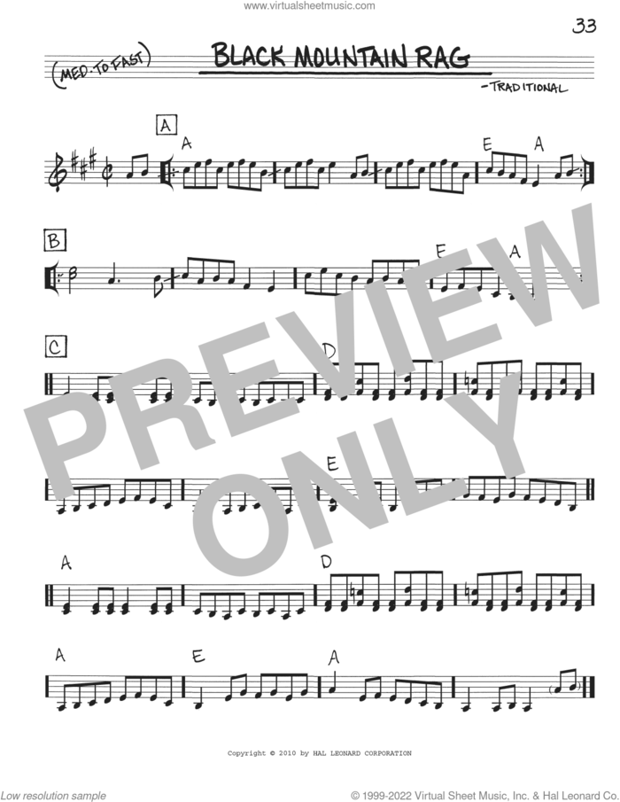 Black Mountain Rag sheet music for voice and other instruments (real book with lyrics), intermediate skill level