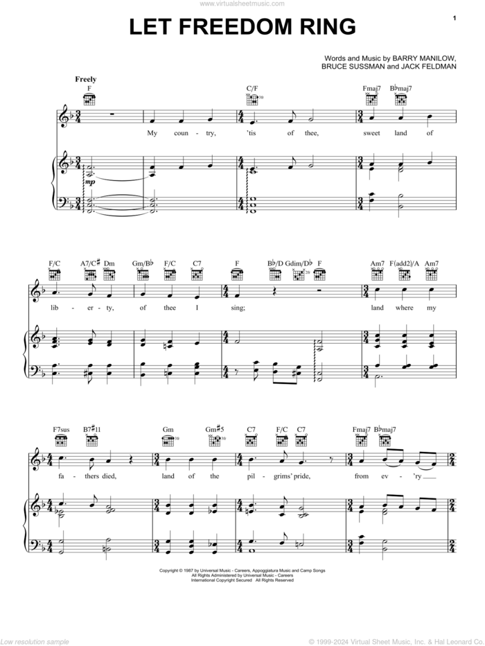 Let Freedom Ring sheet music for voice, piano or guitar by Barry Manilow, Bruce Sussman and Jack Feldman, intermediate skill level