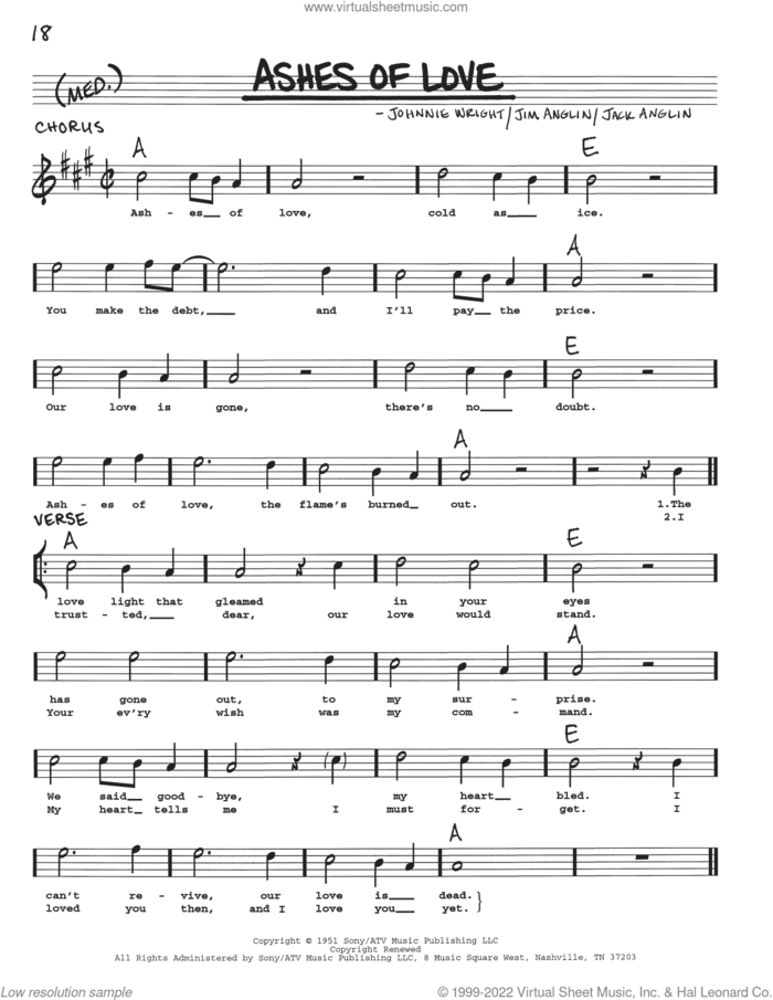Ashes Of Love sheet music for voice and other instruments (real book with lyrics) by Jack Anglin, Jim Anglin and Johnnie Wright, intermediate skill level