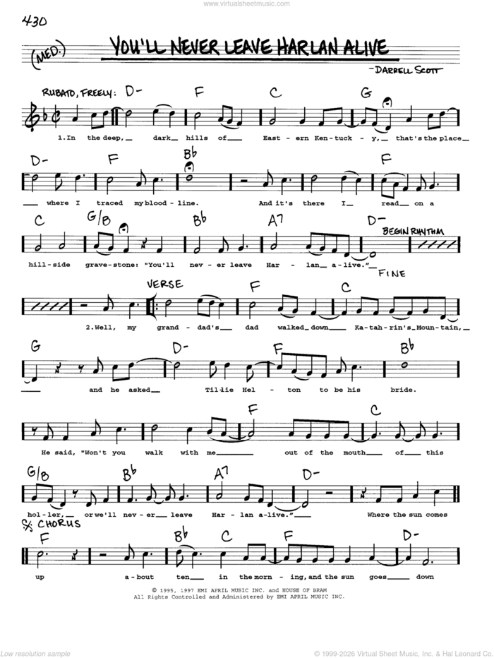 You'll Never Leave Harlan Alive sheet music for voice and other instruments (real book with lyrics) by Patty Loveless, Brad Paisley and Darrell Scott, intermediate skill level