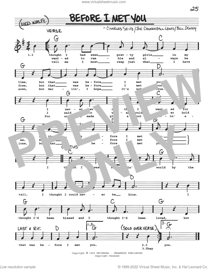 Before I Met You sheet music for voice and other instruments (real book with lyrics) by Bill Denny, Charles L. Seitz and Joe 'Cannonball' Lewis, intermediate skill level
