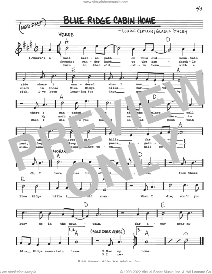 Blue Ridge Cabin Home sheet music for voice and other instruments (real book with lyrics) by Gladys Stacey and Louise Certain, intermediate skill level