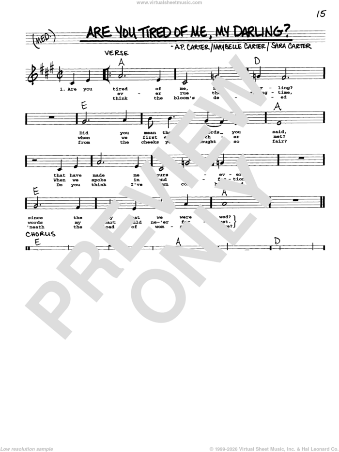 Are You Tired Of Me, My Darling? sheet music for voice and other instruments (real book with lyrics) by A.P. Carter, Maybelle Carter and Sara Carter, intermediate skill level