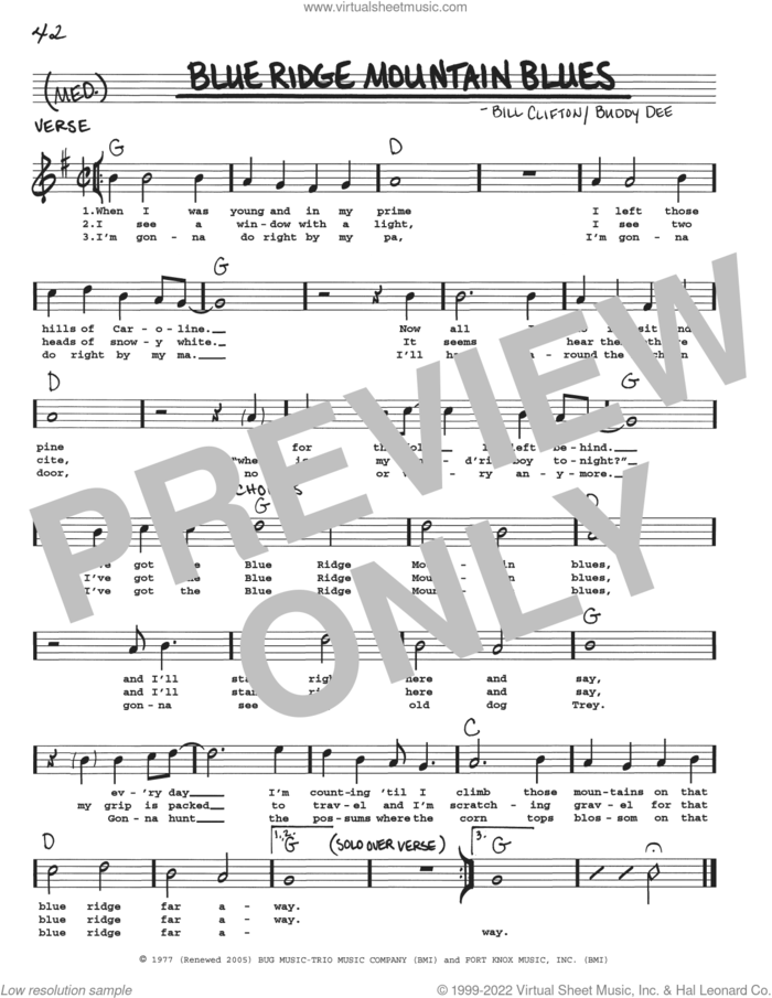 Blue Ridge Mountain Blues sheet music for voice and other instruments (real book with lyrics) by Bill Clifton and Buddy Dee, intermediate skill level