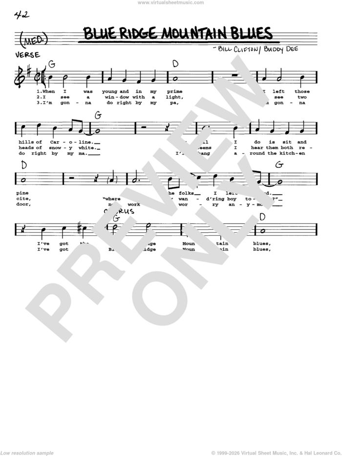 Blue Ridge Mountain Blues sheet music for voice and other instruments (real book with lyrics) by Bill Clifton and Buddy Dee, intermediate skill level