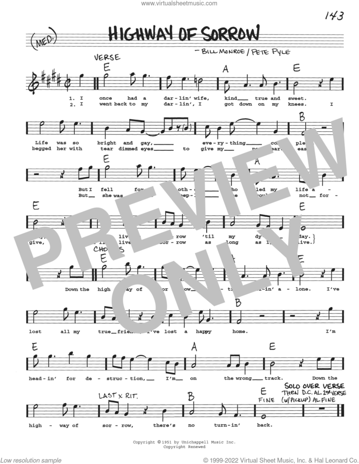 Highway Of Sorrow sheet music for voice and other instruments (real book with lyrics) by Bill Monroe and Pete Pyle, intermediate skill level