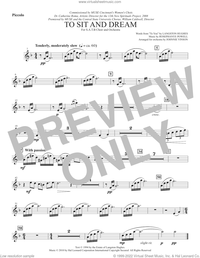 To Sit And Dream sheet music for orchestra/band (piccolo) by Rosephanye Powell and Langston Hughes, intermediate skill level