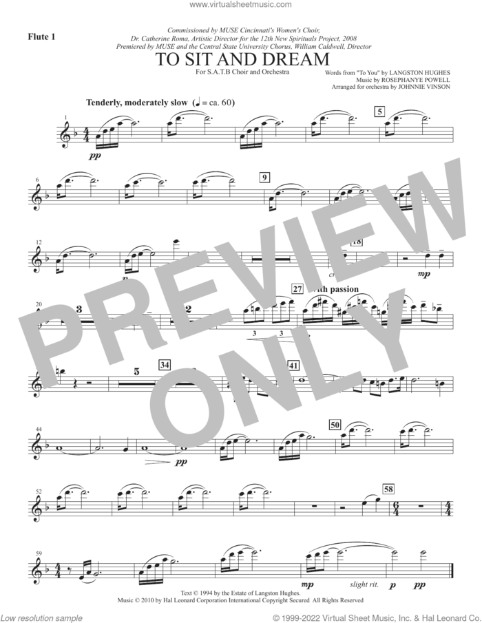 To Sit And Dream sheet music for orchestra/band (flute 1) by Rosephanye Powell and Langston Hughes, intermediate skill level