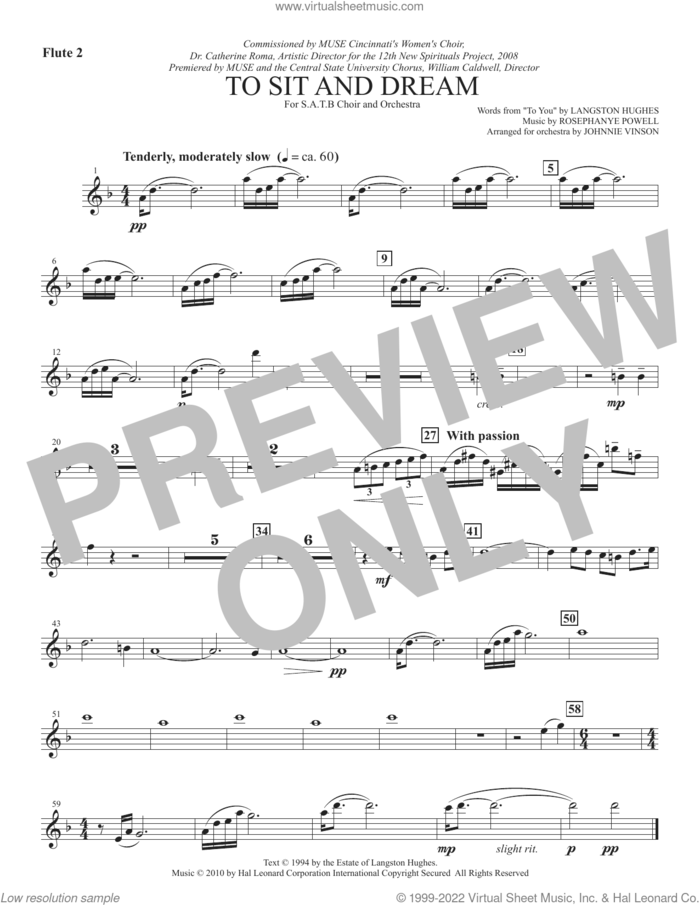 To Sit And Dream sheet music for orchestra/band (flute 2) by Rosephanye Powell and Langston Hughes, intermediate skill level