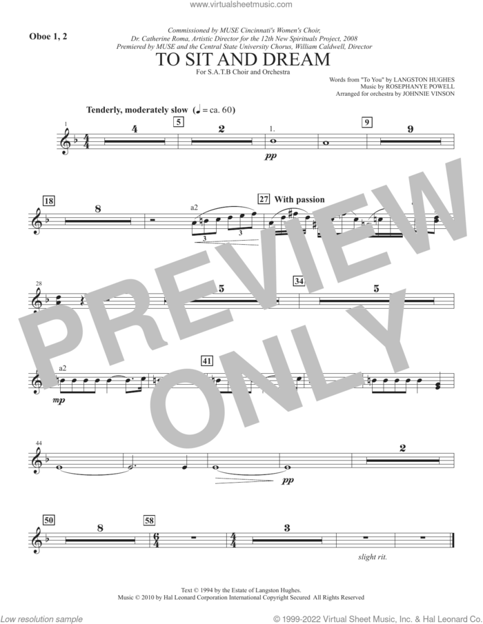 To Sit And Dream sheet music for orchestra/band (oboe 1,2) by Rosephanye Powell and Langston Hughes, intermediate skill level