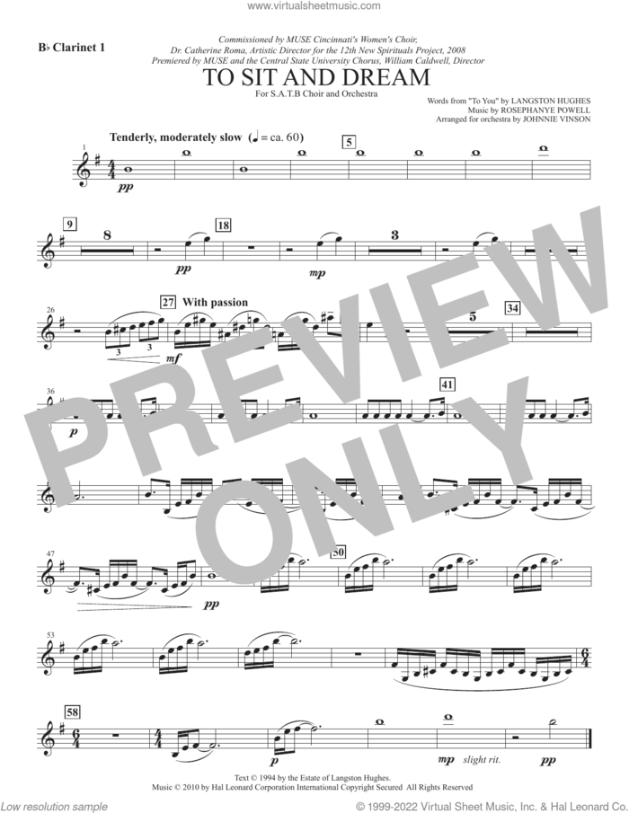 To Sit And Dream sheet music for orchestra/band (Bb clarinet 1) by Rosephanye Powell and Langston Hughes, intermediate skill level