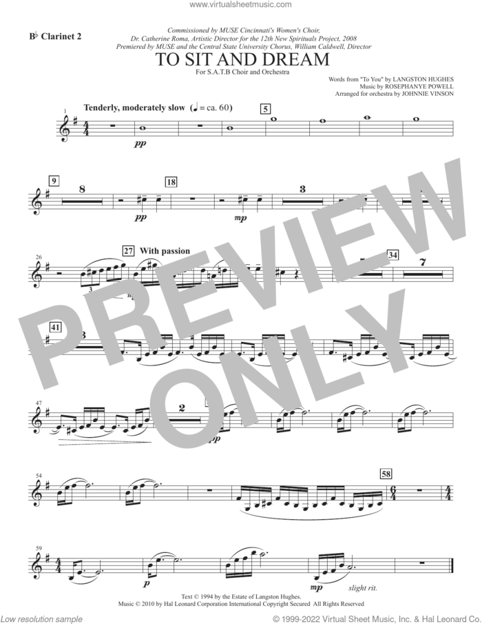 To Sit And Dream sheet music for orchestra/band (Bb clarinet 2) by Rosephanye Powell and Langston Hughes, intermediate skill level