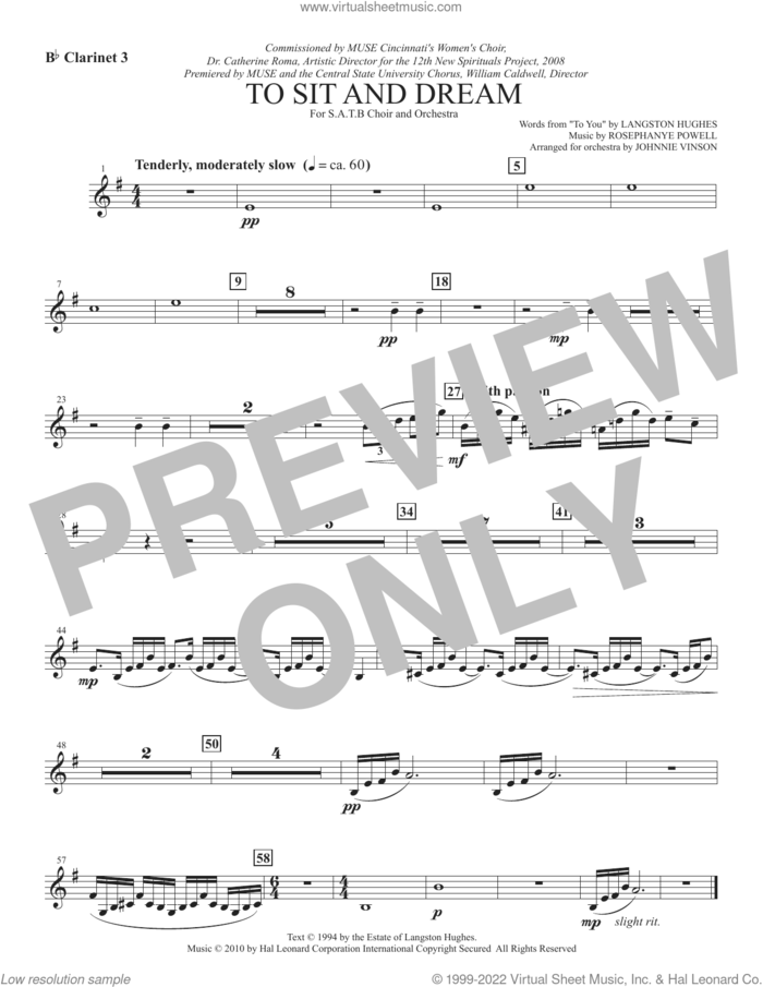 To Sit And Dream sheet music for orchestra/band (clarinet 3) by Rosephanye Powell and Langston Hughes, intermediate skill level