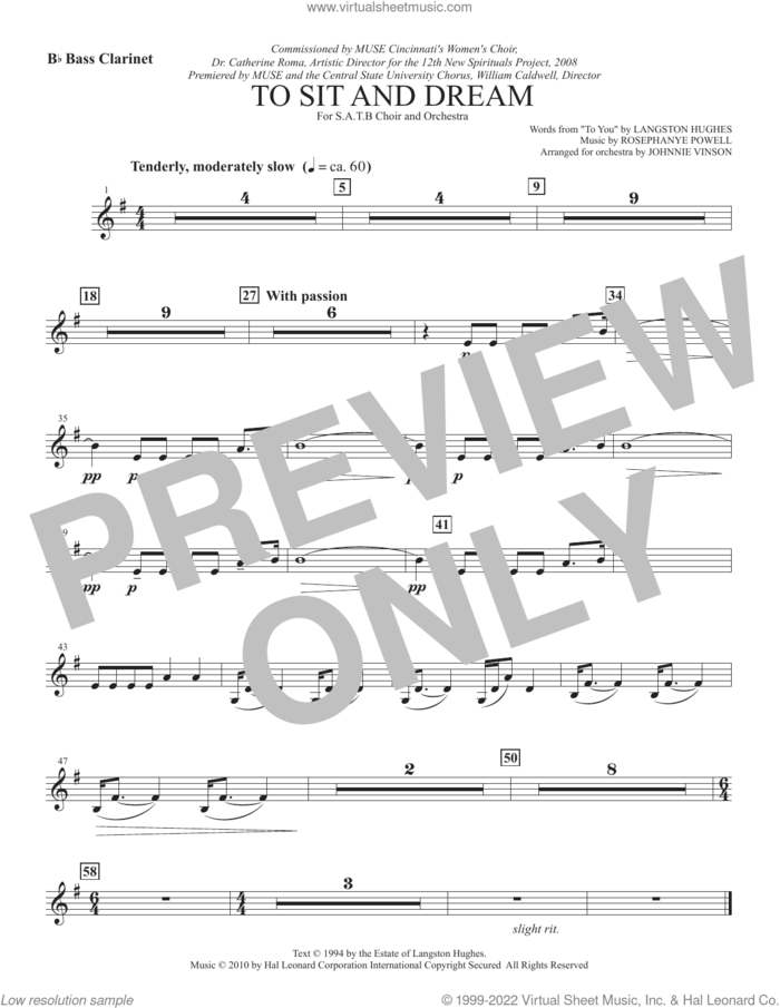 To Sit And Dream sheet music for orchestra/band (Bb bass clarinet) by Rosephanye Powell and Langston Hughes, intermediate skill level