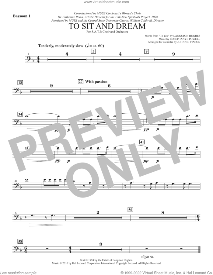 To Sit And Dream sheet music for orchestra/band (bassoon 1) by Rosephanye Powell and Langston Hughes, intermediate skill level