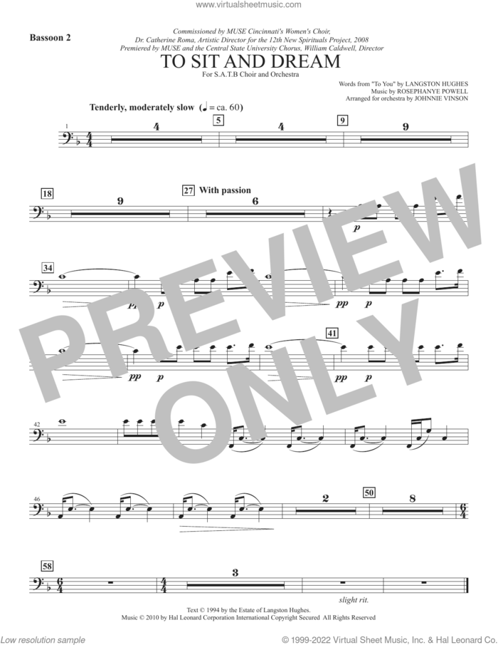 To Sit And Dream sheet music for orchestra/band (bassoon 2) by Rosephanye Powell and Langston Hughes, intermediate skill level