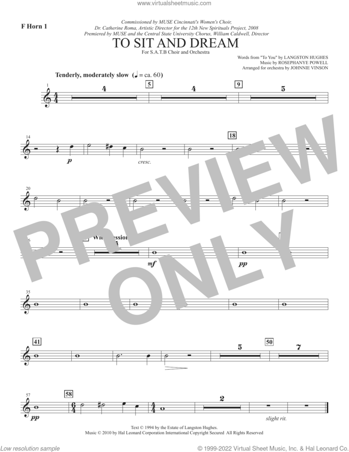 To Sit And Dream sheet music for orchestra/band (horn 1 in f) by Rosephanye Powell and Langston Hughes, intermediate skill level