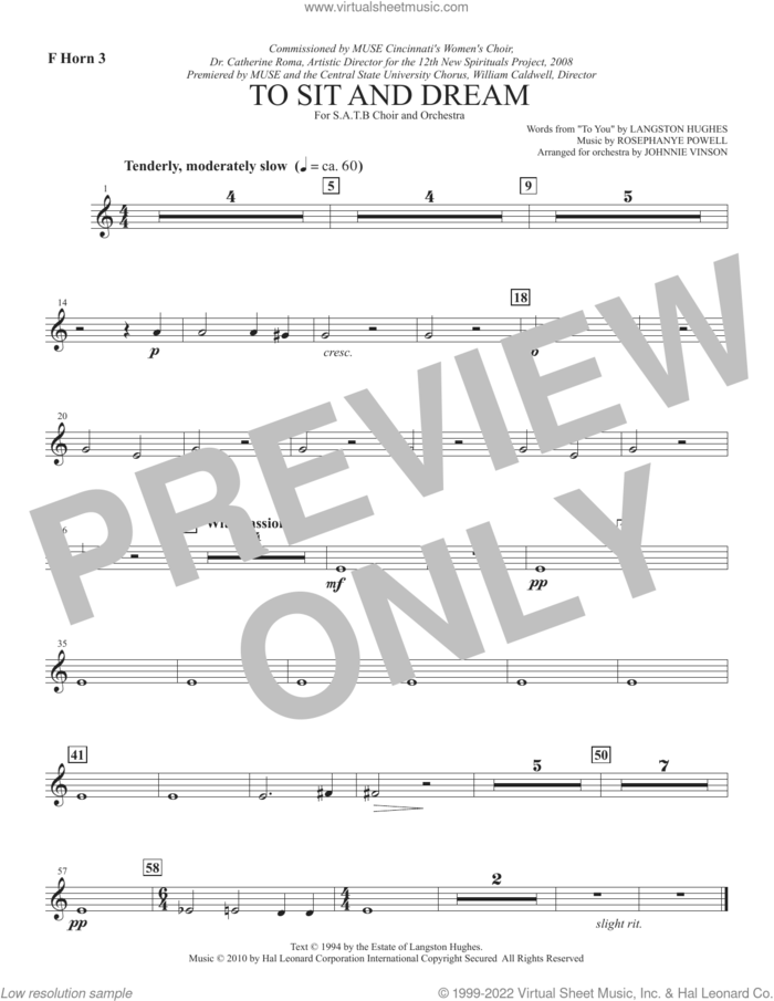 To Sit And Dream sheet music for orchestra/band (f horn 3) by Rosephanye Powell and Langston Hughes, intermediate skill level