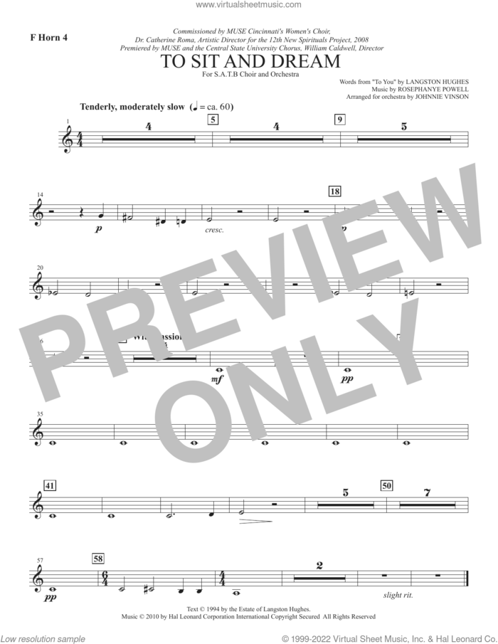 To Sit And Dream sheet music for orchestra/band (f horn 4) by Rosephanye Powell and Langston Hughes, intermediate skill level
