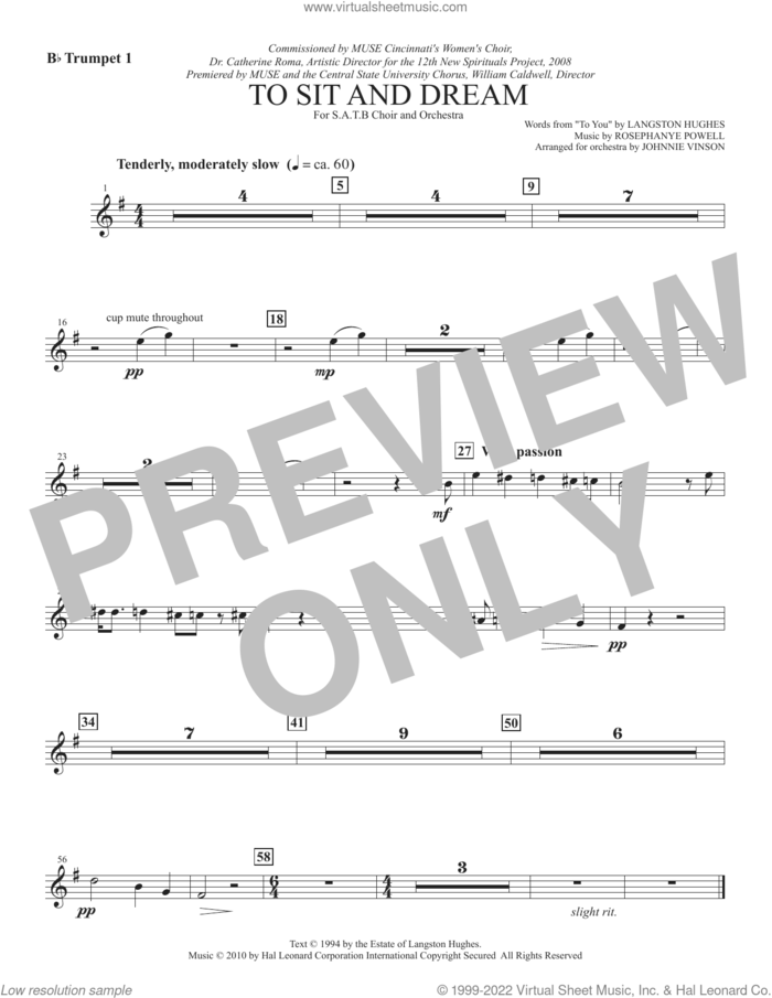 To Sit And Dream sheet music for orchestra/band (Bb trumpet 1) by Rosephanye Powell and Langston Hughes, intermediate skill level
