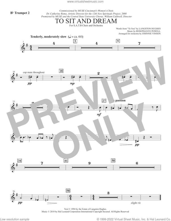 To Sit And Dream sheet music for orchestra/band (trumpet 2 in Bb) by Rosephanye Powell and Langston Hughes, intermediate skill level
