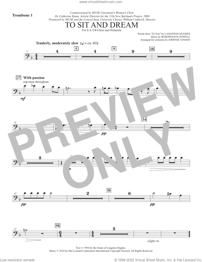 To Sit And Dream sheet music for orchestra/band (trombone 1) by Rosephanye Powell and Langston Hughes, intermediate skill level