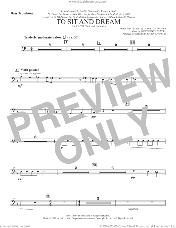 To Sit And Dream sheet music for orchestra/band (bass trombone) by Rosephanye Powell and Langston Hughes, intermediate skill level