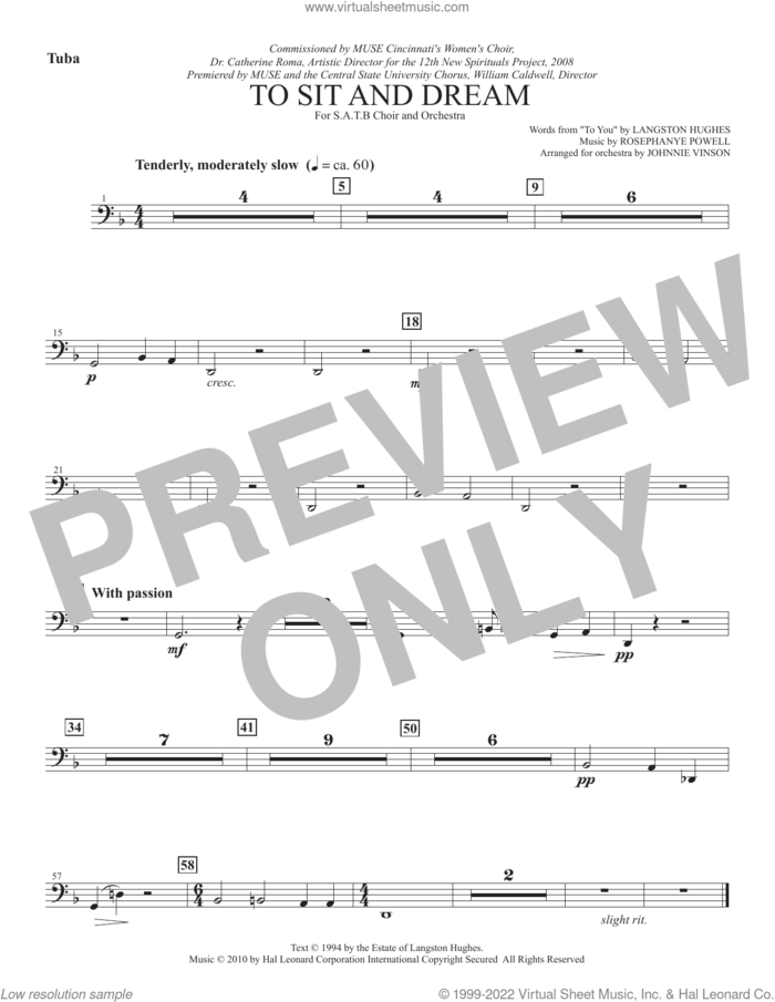 To Sit And Dream sheet music for orchestra/band (tuba) by Rosephanye Powell and Langston Hughes, intermediate skill level