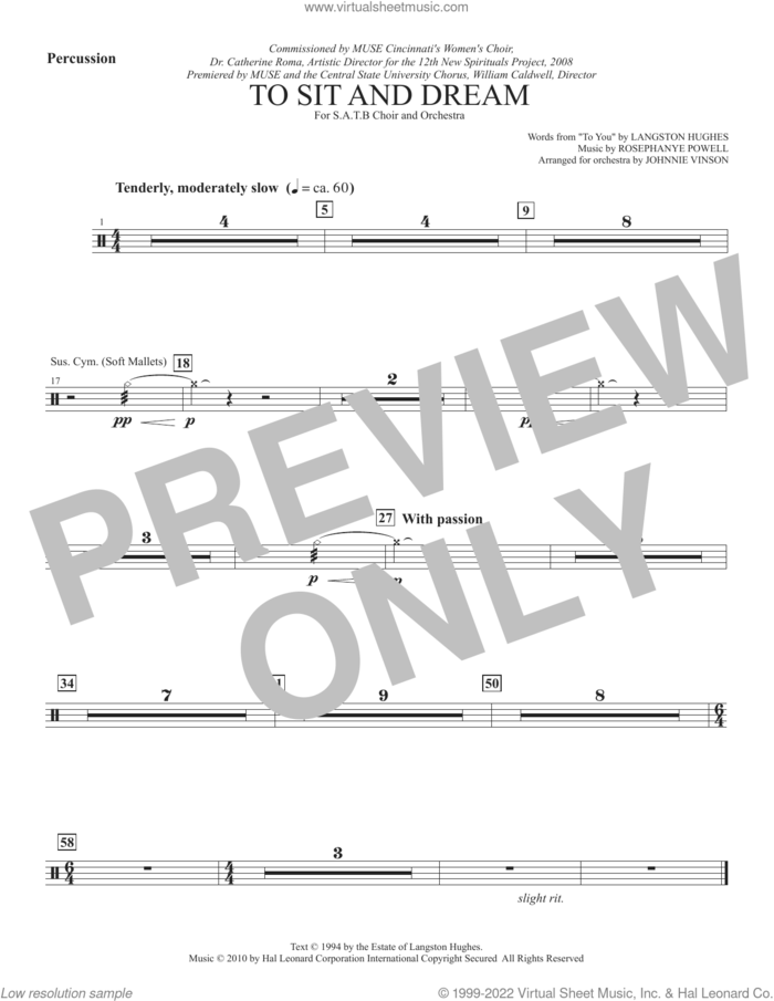 To Sit And Dream sheet music for orchestra/band (percussion) by Rosephanye Powell and Langston Hughes, intermediate skill level