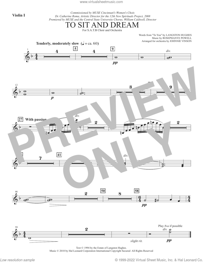 To Sit And Dream sheet music for orchestra/band (violin 1) by Rosephanye Powell and Langston Hughes, intermediate skill level