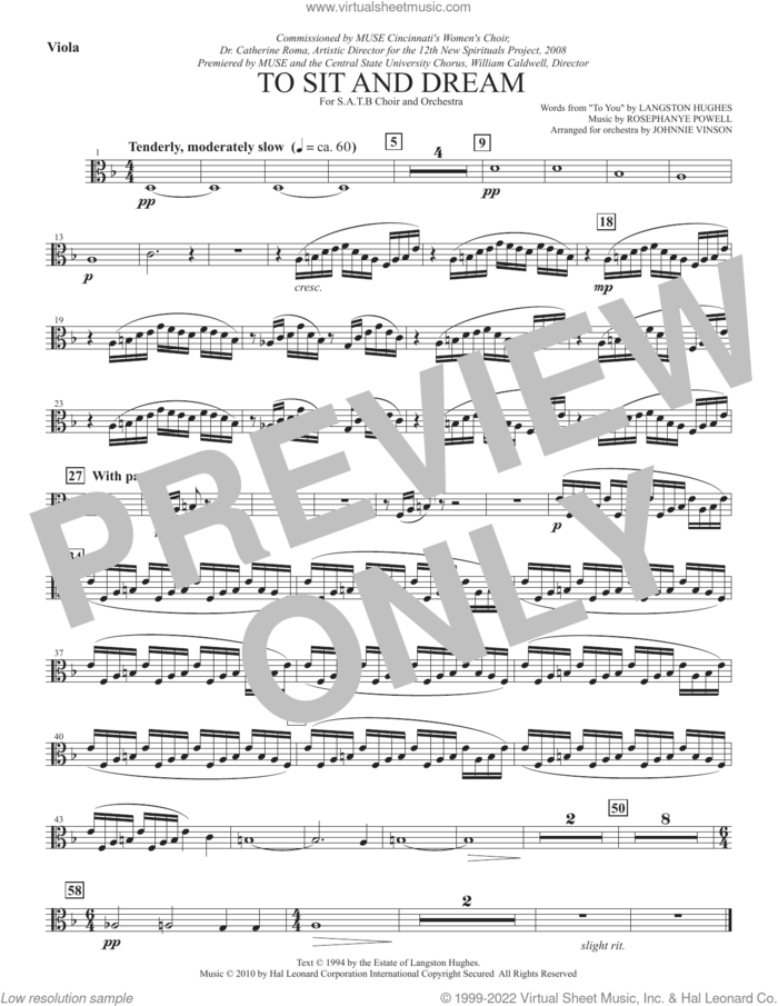 To Sit And Dream sheet music for orchestra/band (viola) by Rosephanye Powell and Langston Hughes, intermediate skill level