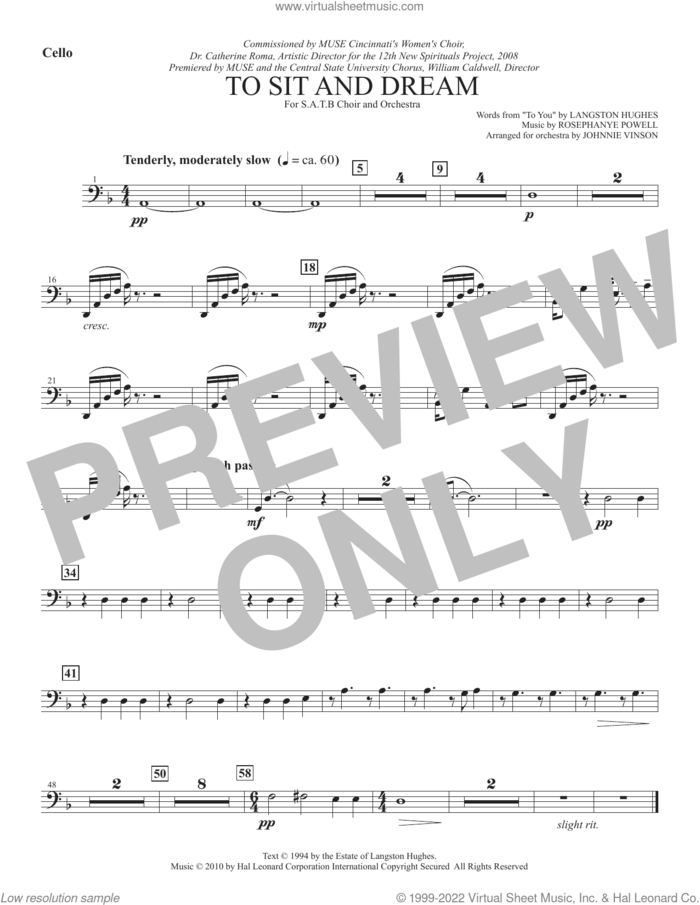 To Sit And Dream sheet music for orchestra/band (cello) by Rosephanye Powell and Langston Hughes, intermediate skill level