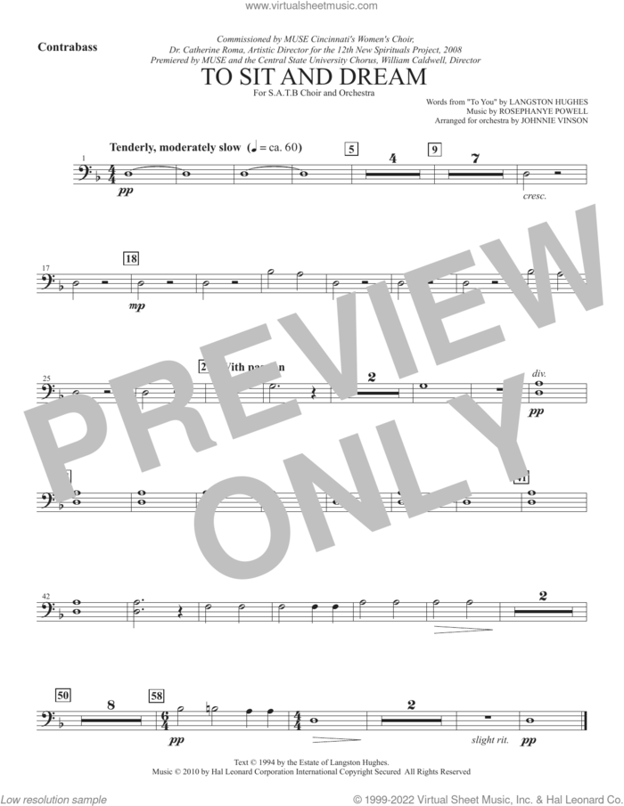 To Sit And Dream sheet music for orchestra/band (double bass) by Rosephanye Powell and Langston Hughes, intermediate skill level
