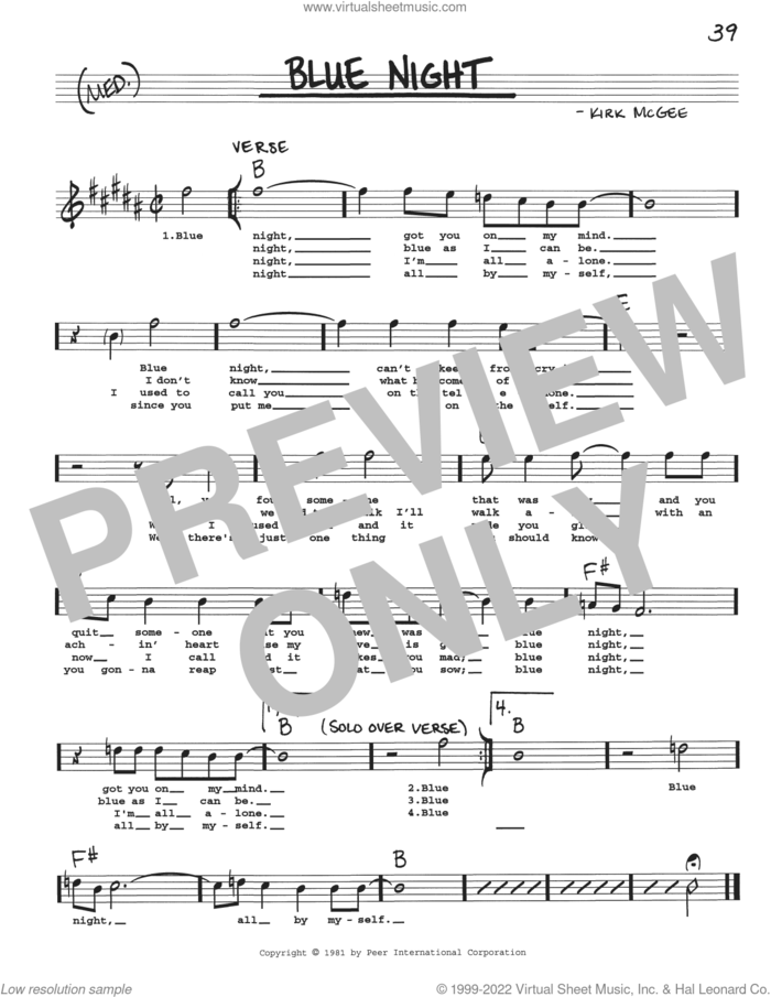 Blue Night sheet music for voice and other instruments (real book with lyrics) by Kirk McGee, intermediate skill level