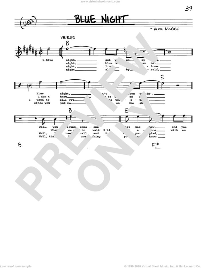 Blue Night sheet music for voice and other instruments (real book with lyrics) by Kirk McGee, intermediate skill level
