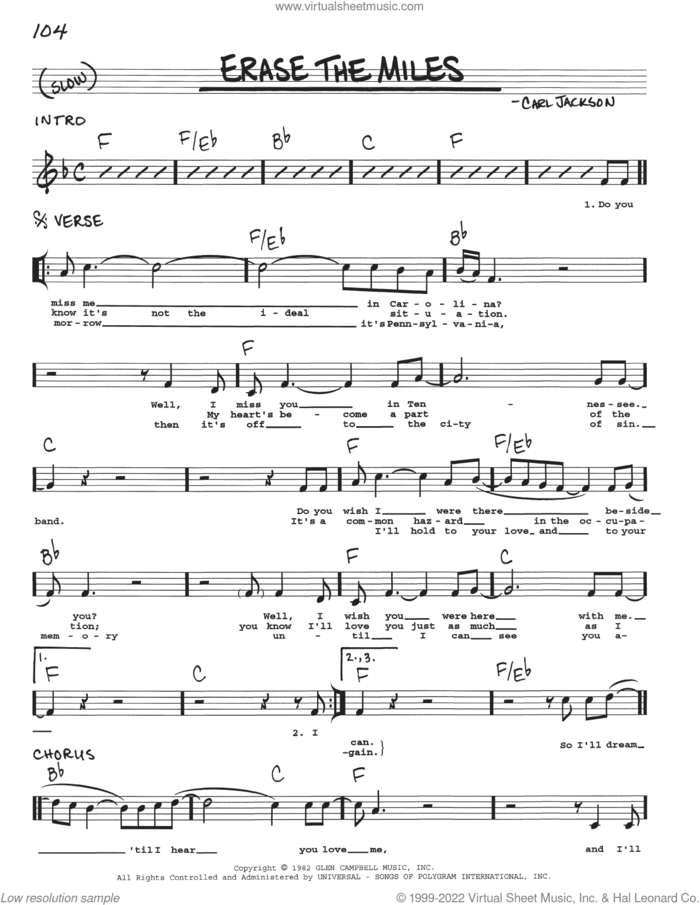 Erase The Miles sheet music for voice and other instruments (real book with lyrics) by Carl Jackson, intermediate skill level