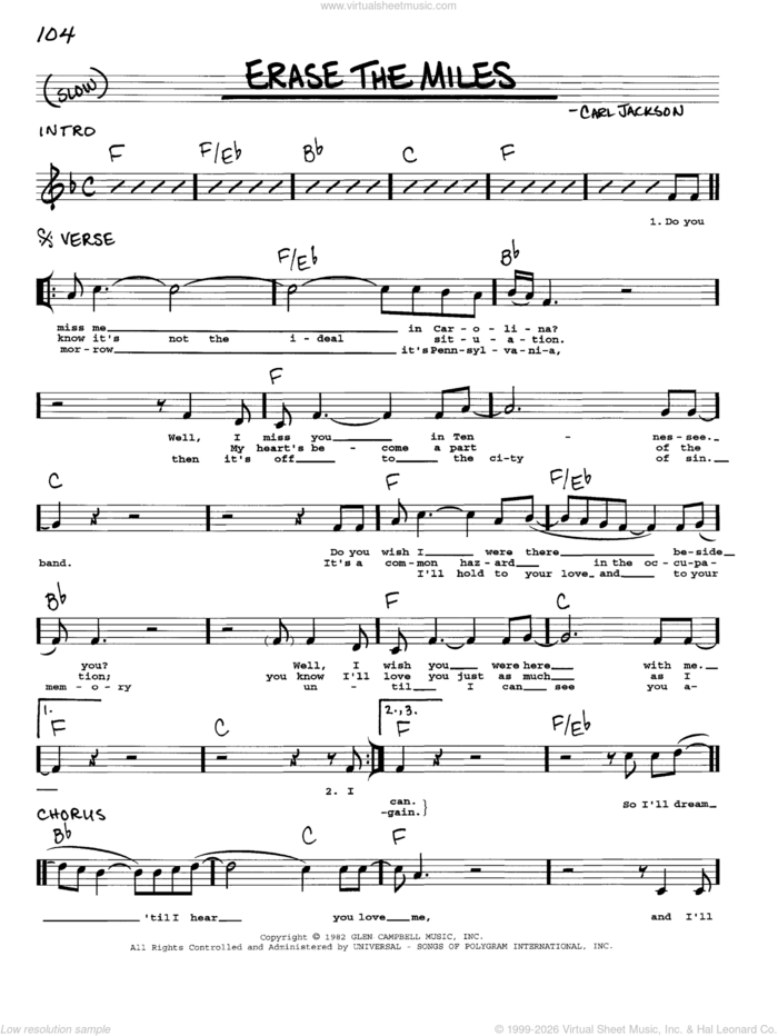 Erase The Miles sheet music for voice and other instruments (real book with lyrics) by Carl Jackson, intermediate skill level