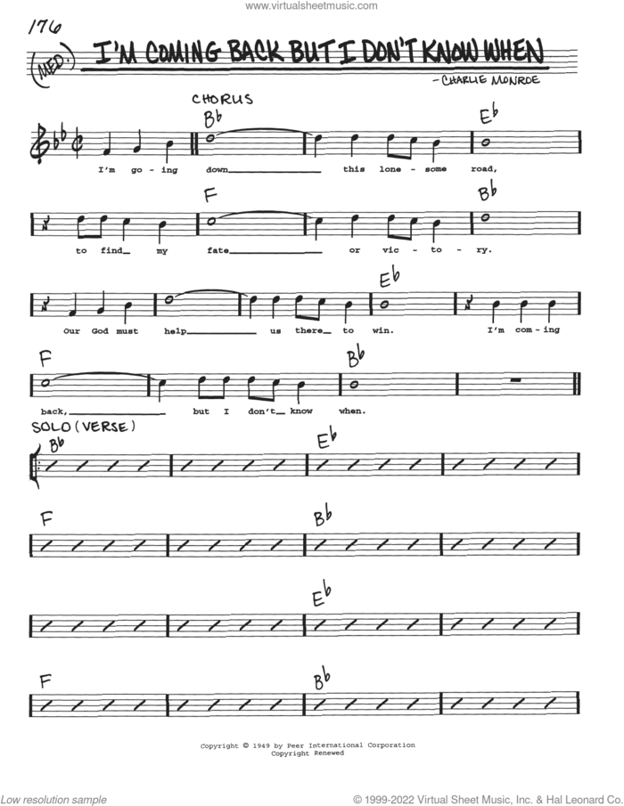 I'm Coming Back But I Don't Know When sheet music for voice and other instruments (real book with lyrics) by Charlie Monroe, intermediate skill level