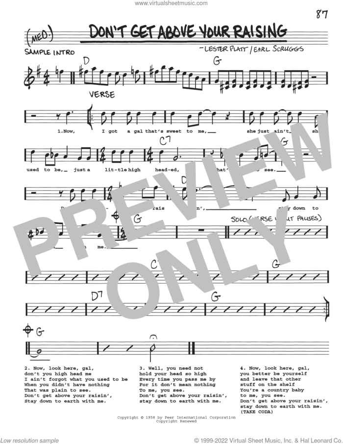 Don't Get Above Your Raising sheet music for voice and other instruments (real book with lyrics) by Flatt & Scruggs, Earl Scruggs and Lester Flatt, intermediate skill level