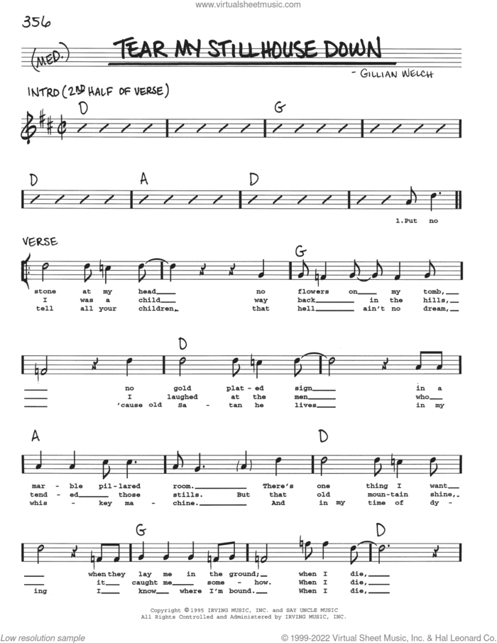 Tear My Stillhouse Down sheet music for voice and other instruments (real book with lyrics) by Gillian Welch, intermediate skill level