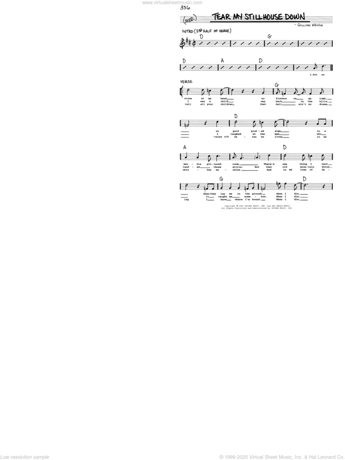 Tear My Stillhouse Down sheet music for voice and other instruments (real book with lyrics) by Gillian Welch, intermediate skill level